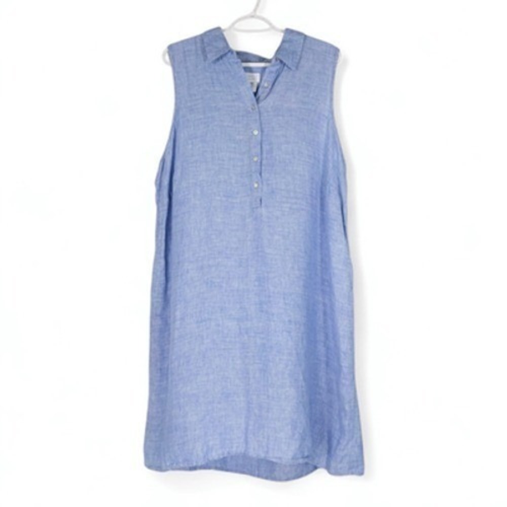 Sigrid Olsen Linen Shirt Dress Sleeveless Button Front Chambray Blue 1X Coastal